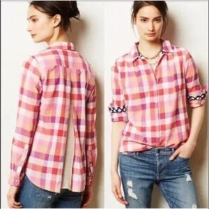 Isabella Sinclair Hibiscus Tea Pink Plaid Mixed Media Atlay Buttondown Shirt, XS